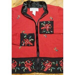 Tiara International Red Cardinal Holly Cardigan‎ SMALL Velvet Trim Holidays xmas